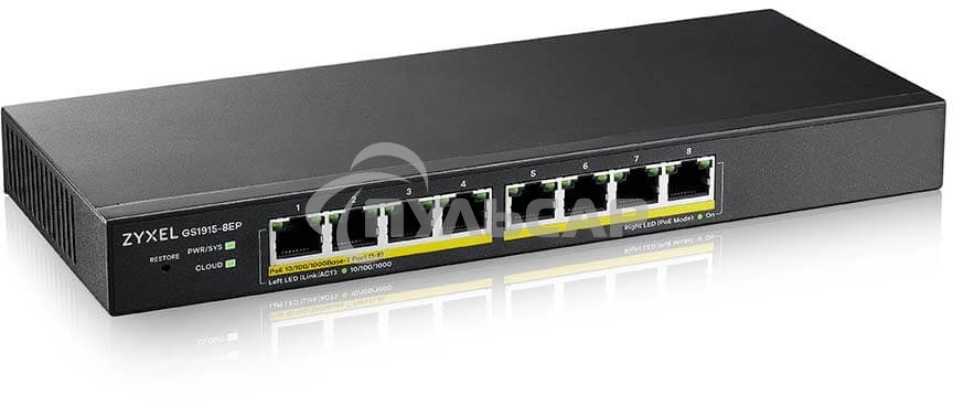 Гибридный Smart L2 коммутатор PoE+ Zyxel NebulaFlex GS1915-8EP, 8xGE PoE+, бесшумный (без вентилятора), бюджет PoE 60 Вт, автономное/облачное управление