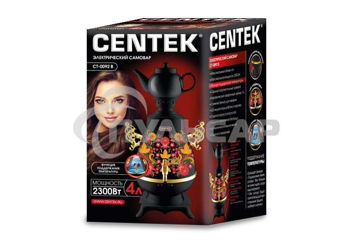 Самовар Centek CT-0092 B (черн+рисунок+золото), 4.0л, 2300Вт, поддерж.t + LED индикатор