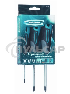 Набор отверток GROSS 12166 3 шт, PH S2, трехкомпонентная рукоятка PH0, PH1, PН2