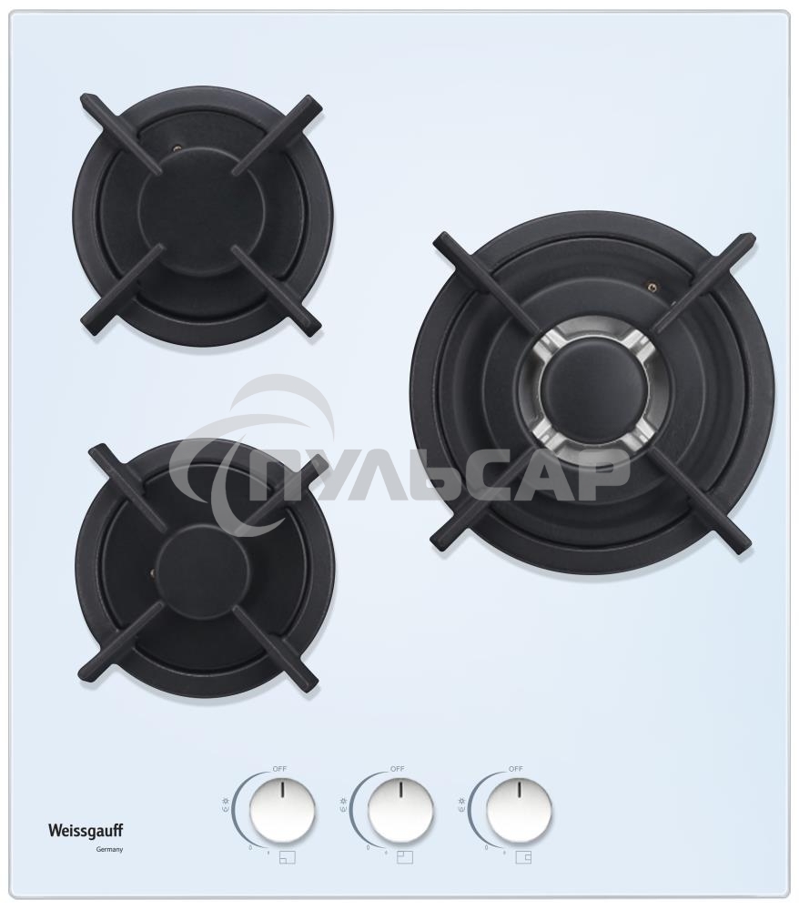 Газовая варочная панель Weissgauff HGG 451 WGh, закаленное стекло, электроподжиг, газ-контроль, чугунные решетки, подставка WOK, белая