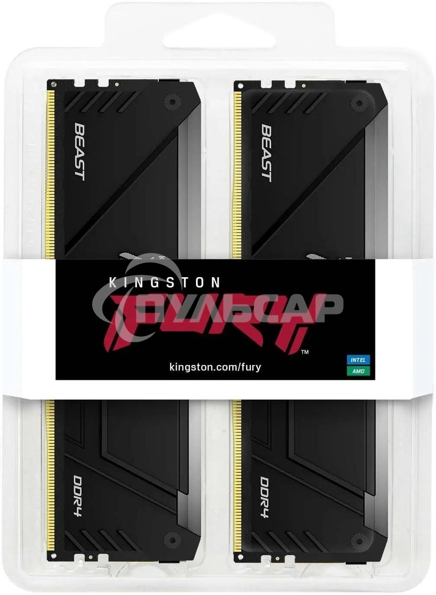 Оперативная память Kingston Fury Beast, DDR4, 64Gb (2x32Gb), 3200MHz, CL16, DIMM, с радиатором, RGB, черный