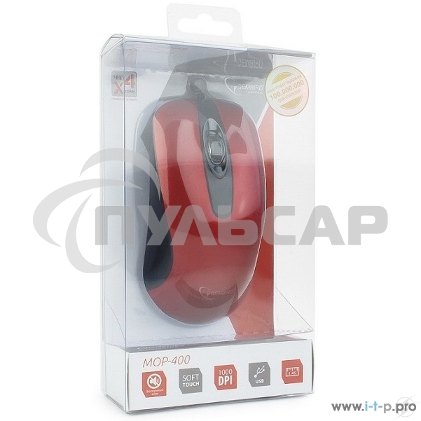Мышь проводная Gembird MOP-400-R красный, 1000 dpi, USB, кнопки - 3
