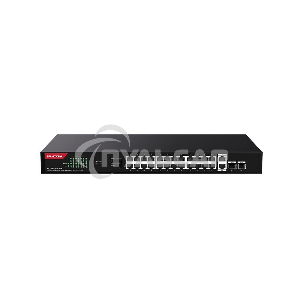 Коммутатор неуправляемый IP-COM G1128P-24-410W PoE, 28 портов, 26x1 Gbит/с, SFP 2x1 Gbит/с, PoE 24x30 Вт (до 370 Вт)