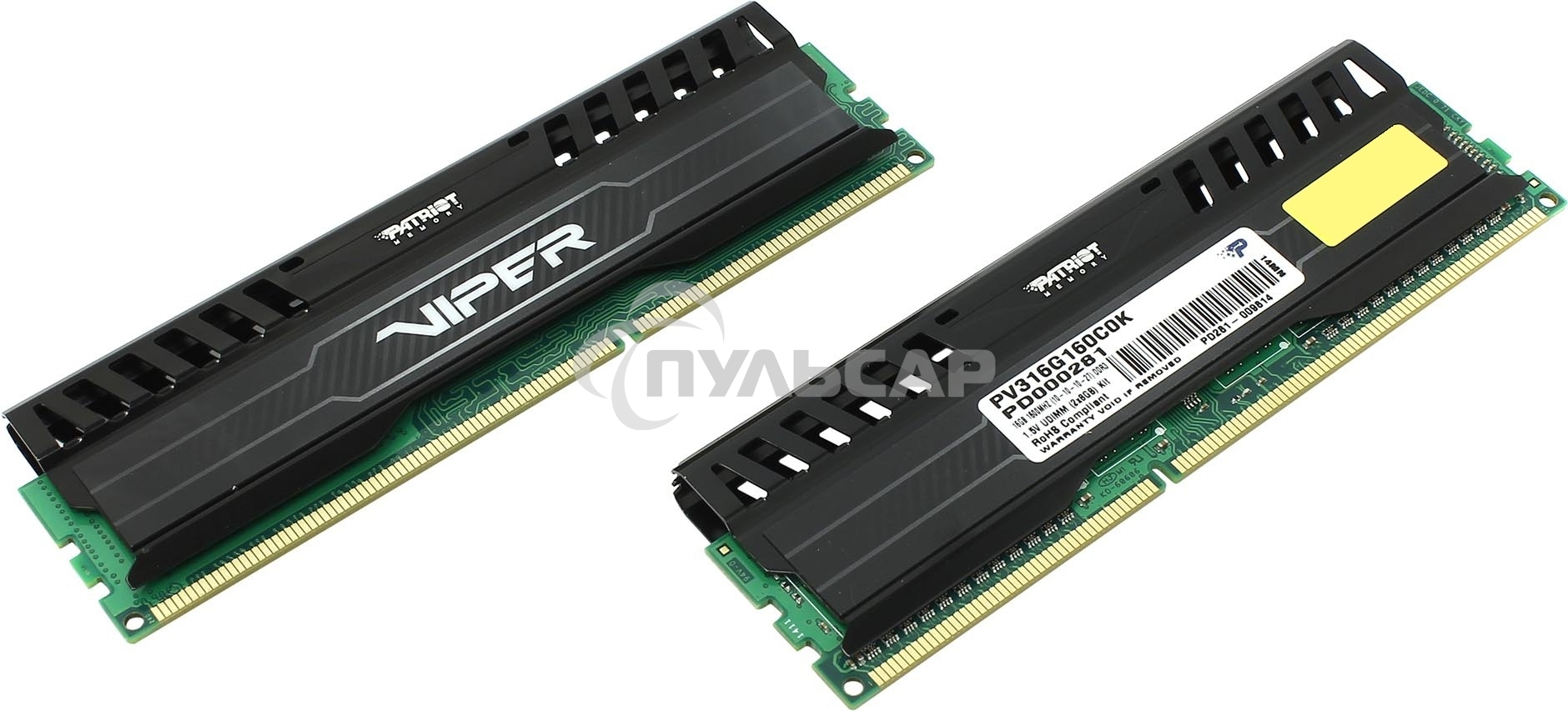 Оперативная память Patriot Viper 3, DDR3, 16Gb (2x8 Gb), 1600 MHz, CL10, DIMM, радиатор, черный