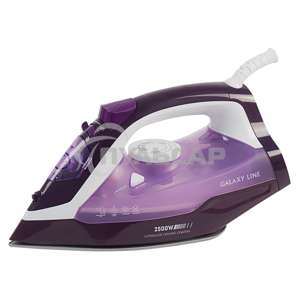 Утюг Galaxy Line GL 6124, фиолетовый с белым, паровой, 2500 Вт, постоянный пар 50 г/мин, паровой удар 230 г/мин, функции: самоочистка, антикапля, антинакипь, функция увлажнения, вертикальное отпаривание, защита от перегрева, индикатор нагрева, керамическо