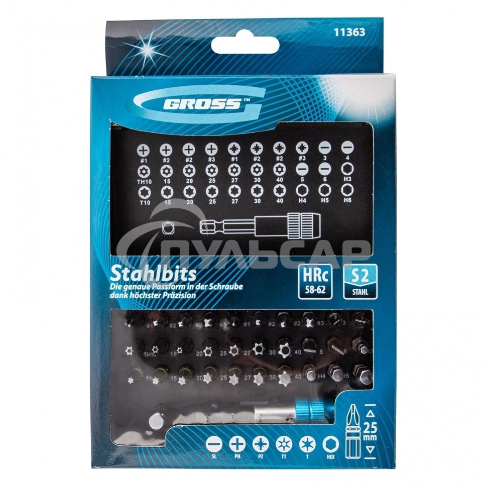 Набор бит GROSS, магнитный адаптер,сталь S2,пластиковый кейс,32 предм. 11363