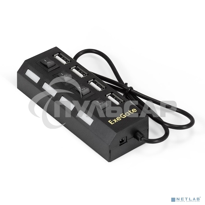 Хаб USB (концентратор) ExeGate EX293977RUS DUB-42SW (кабель-адаптер USB2.0 --> 4xUSB2.0, кнопки включения/отключения для каждого порта, Plug&Play, черный)