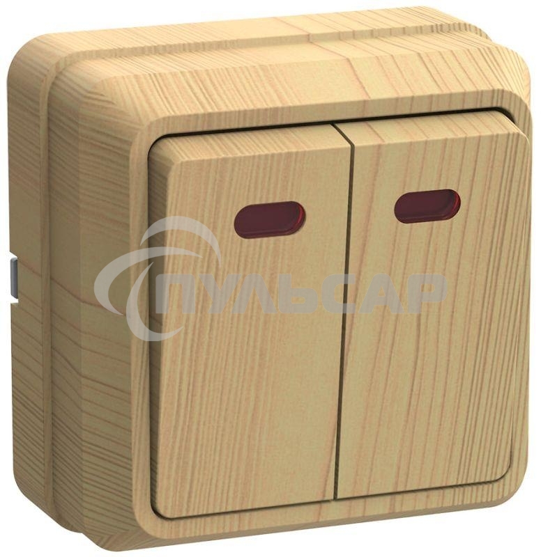 Выключатель 2-кл. ОП ОКТАВА 10А IP20 с индик. сосна ИЭК EVO21-K03-10-DC