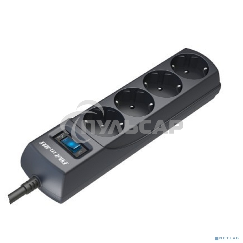 Сетевой фильтр ZIS Pilot m Max 4 розетки (евро с заземлением), 15А/3.3кВа, автомат, 10 м, черный Surge protector Pilot m Max 4 euro outlets, 15А/3.3кВа, 10m, black