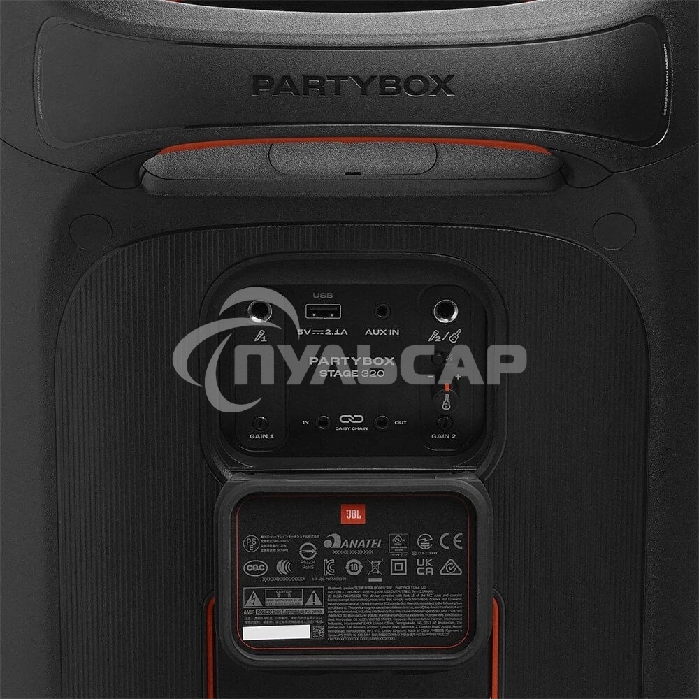 Портативная акустика JBL PartyBox Stage 320 (1.0 2 x 120 Вт, Bluetooth, AUX, USB, 6.3 мм jack, RGB подсветка, IPX4, JBLPBSTAGE320UK)