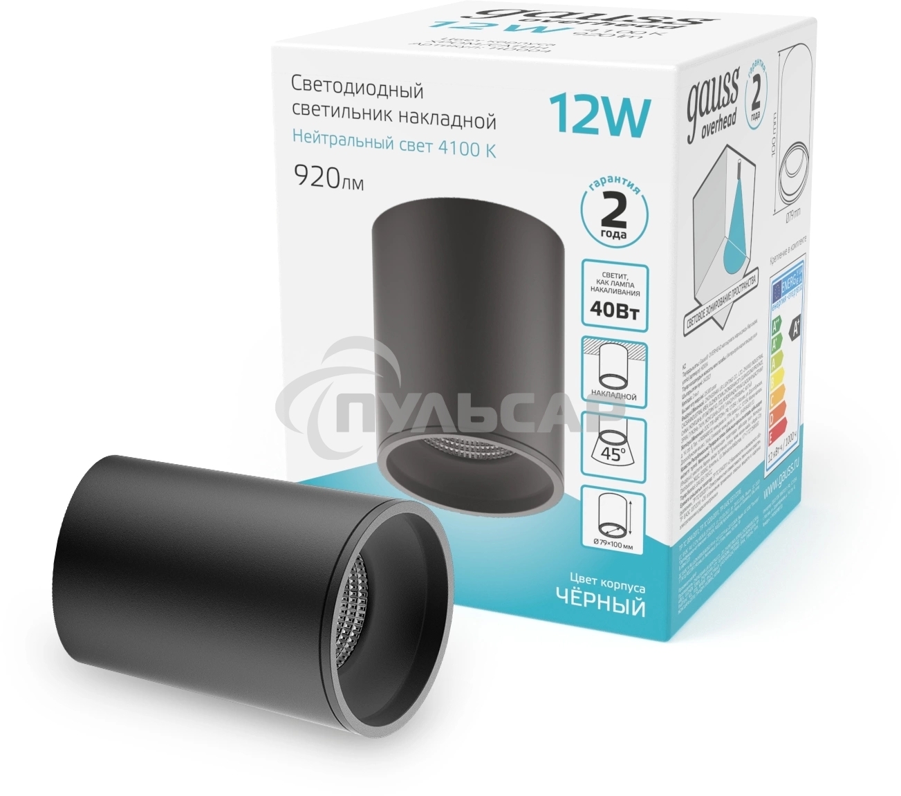 Светильник светодиодный накладной Gauss HD007 12W черный 4100K 79x100мм