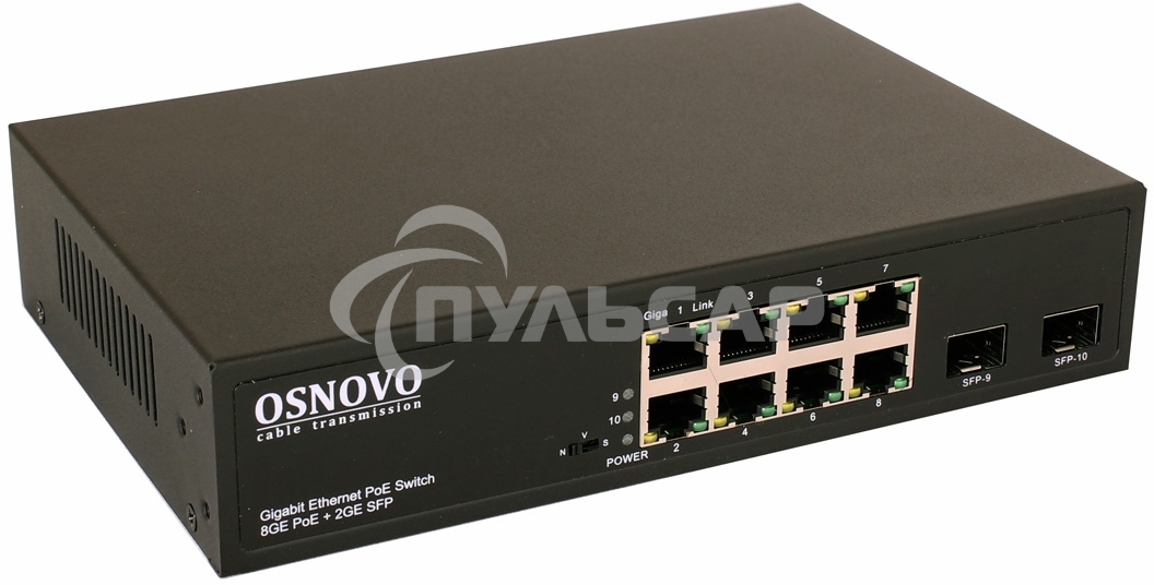 Коммутатор OSNOVO Гигабитный PoE коммутатор на 10 портов, 8 *10/100/1000 Base-T PoE, 2*SFP 1000 Base-T, PoE на порт до 30W, суммарно до 150W