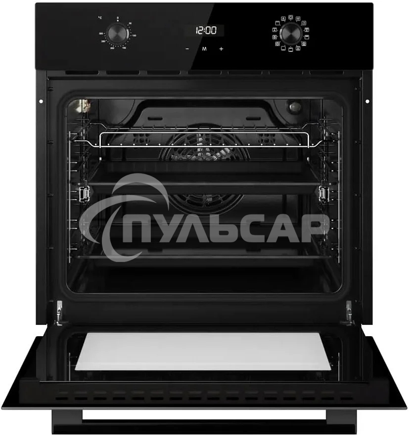 Встраиваемый духовой шкаф Kuppersberg HO 677 B, High-Tech, объем 70 л, 13 режимов, электронное управление (утапливаемые переключатели, аналоговый дисплей), телескопические направляющие на одном уровне, максимальная температура 300 градусов, 2 стекла в две