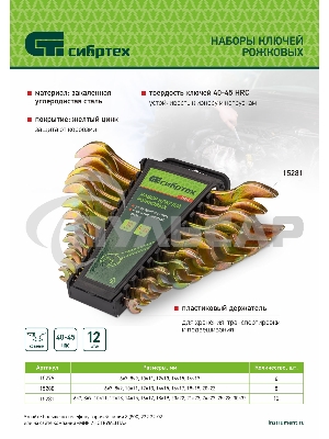 Набор ключей рожковых 6-32 мм, 12 шт, желтый цинк Сибртех