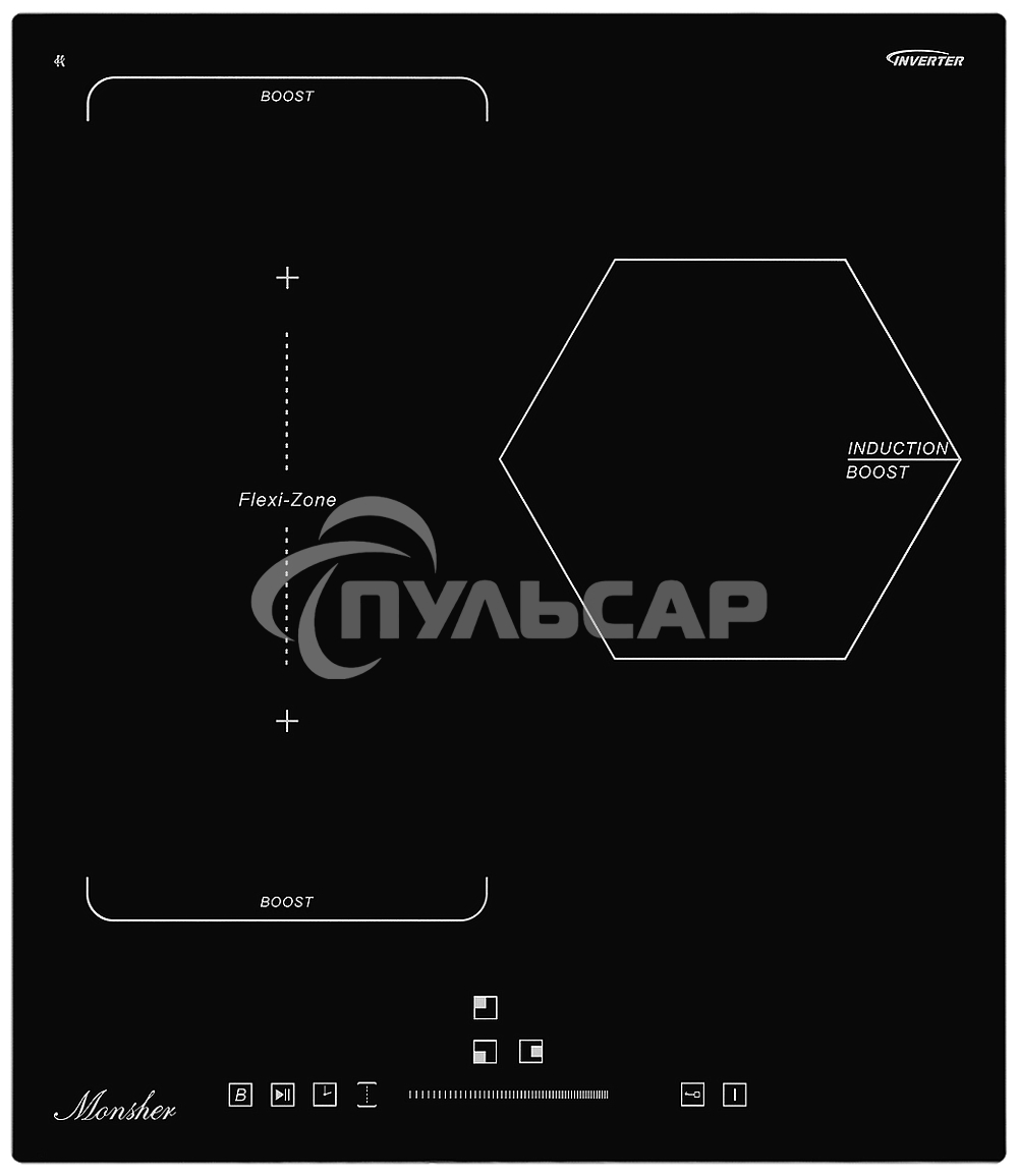 Индукционная варочная панель Monsher, инвертер, слайдерное управление, автоматическое отключение, блокировка панели управления, индикация остаточного тепла, 9 уровней мощности, Stop and Go, Booster, таймер, черный