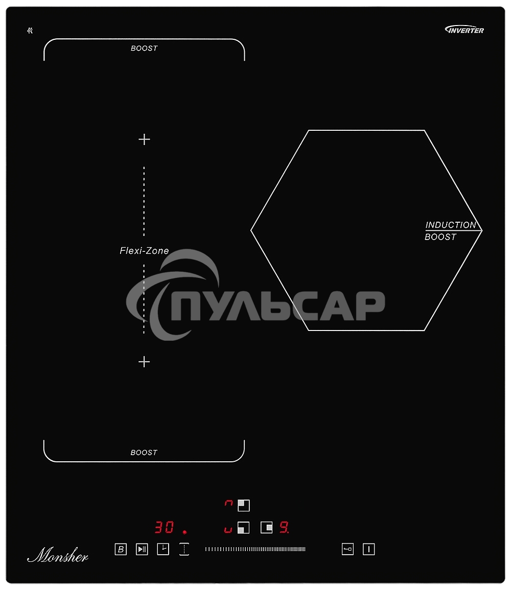 Индукционная варочная панель Monsher, инвертер, слайдерное управление, автоматическое отключение, блокировка панели управления, индикация остаточного тепла, 9 уровней мощности, Stop and Go, Booster, таймер, черный