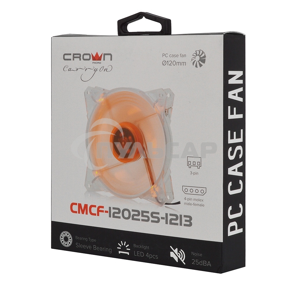 Вентилятор для корпуса Crown CMCF-12025S-1213 прозрачный/оранжевый, 120 мм, 1650 об/мин, 28 дБ, 3 pin