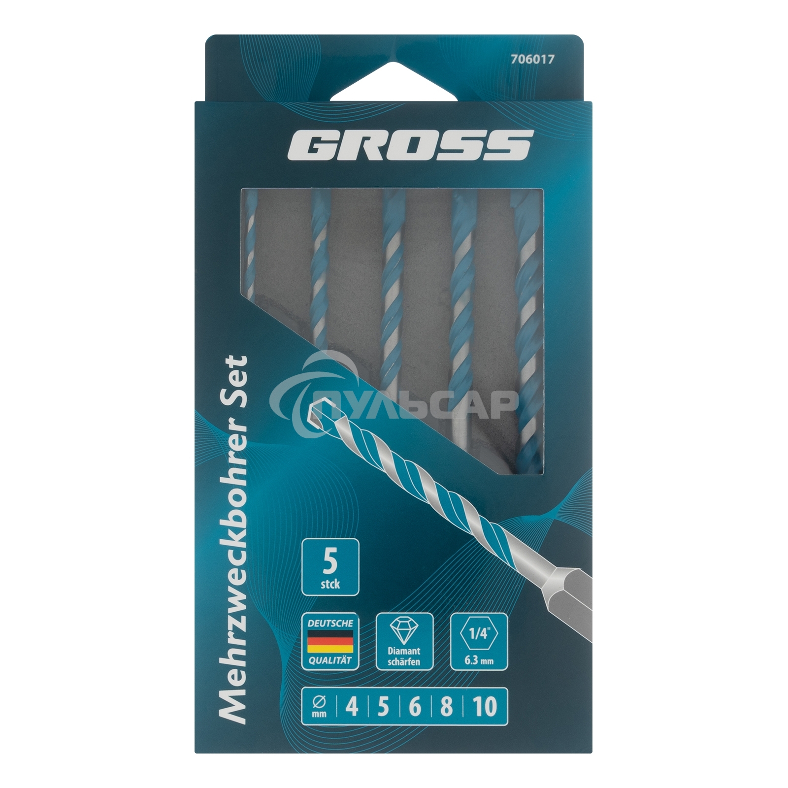 Набор сверл универсальных, Multipurpose PRO, 6-гр. хвостовик, 4-10мм, 5шт Gross