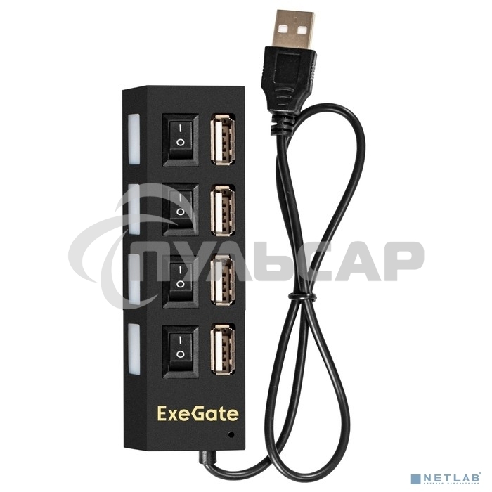 Хаб USB (концентратор) ExeGate EX293977RUS DUB-42SW (кабель-адаптер USB2.0 --> 4xUSB2.0, кнопки включения/отключения для каждого порта, Plug&Play, черный)
