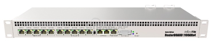 Маршрутизатор MikroTik RouterBOARD 1100Dx4 with Annapurna Alpine AL21400 Cortex A15 CPU (4-cores, 1.4GHz per core), 1Gb RAM, 13xGbit LAN, 60Gb M.2 drive, RouterOS L6, 1U rackmount case, Dual PSU