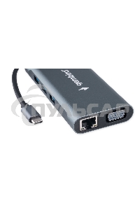 Док-станция Type-C Gembird UHB-D4, 10в1: 3xUSB3.1, Type-C PD87W, Jack 3.5, SD/TF, HDMI, RJ45, VGA, кабель 15см, алюминий