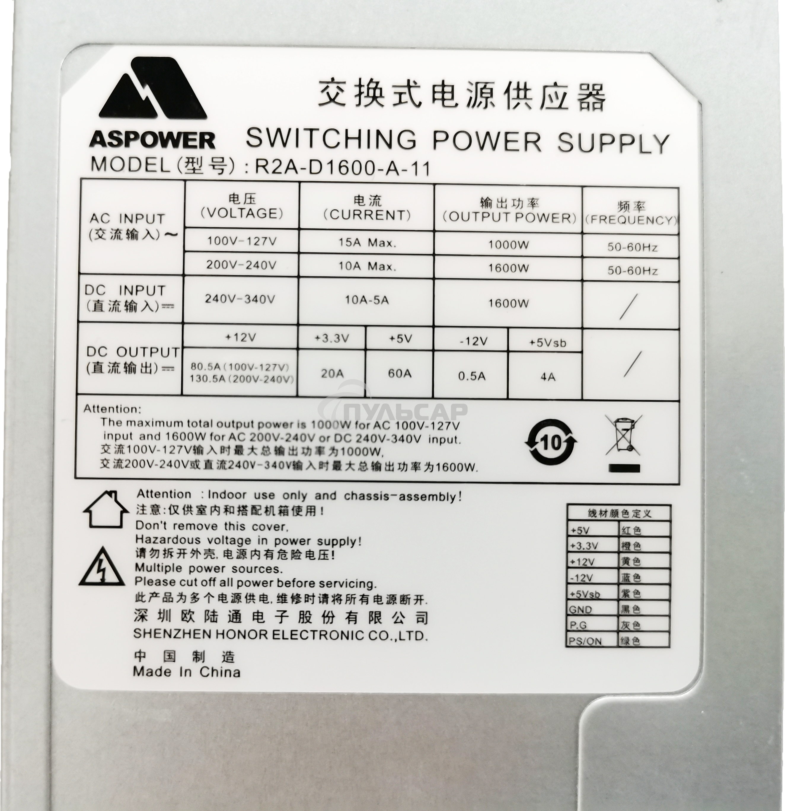 Блок питания серверный Server power supply Qdion Model R2A-D1600-A P/N:99RADV1600I1170210 CRPS 2U Redundant 1600W Efficiency 91+, Cable connector: C14