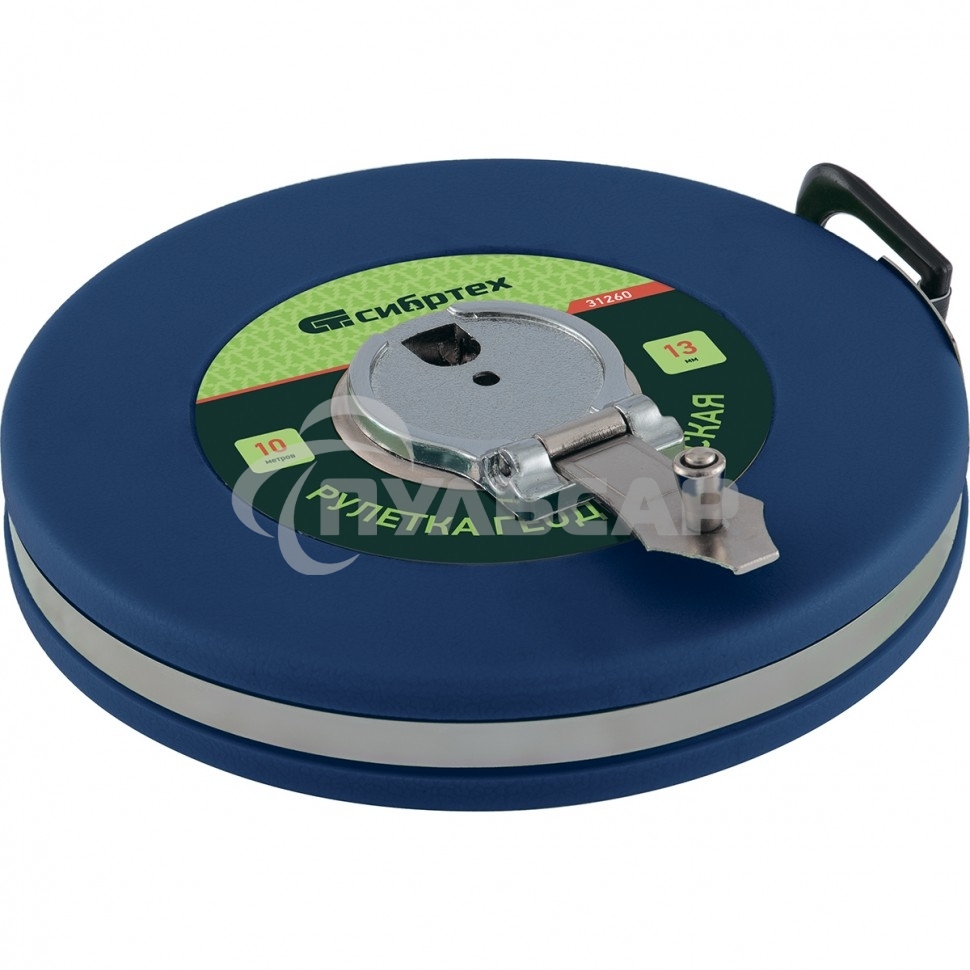 Рулетка СИБРТЕХ 31260 геодезическая 10 мх13мм закрытый корпус фиберглассовая лента