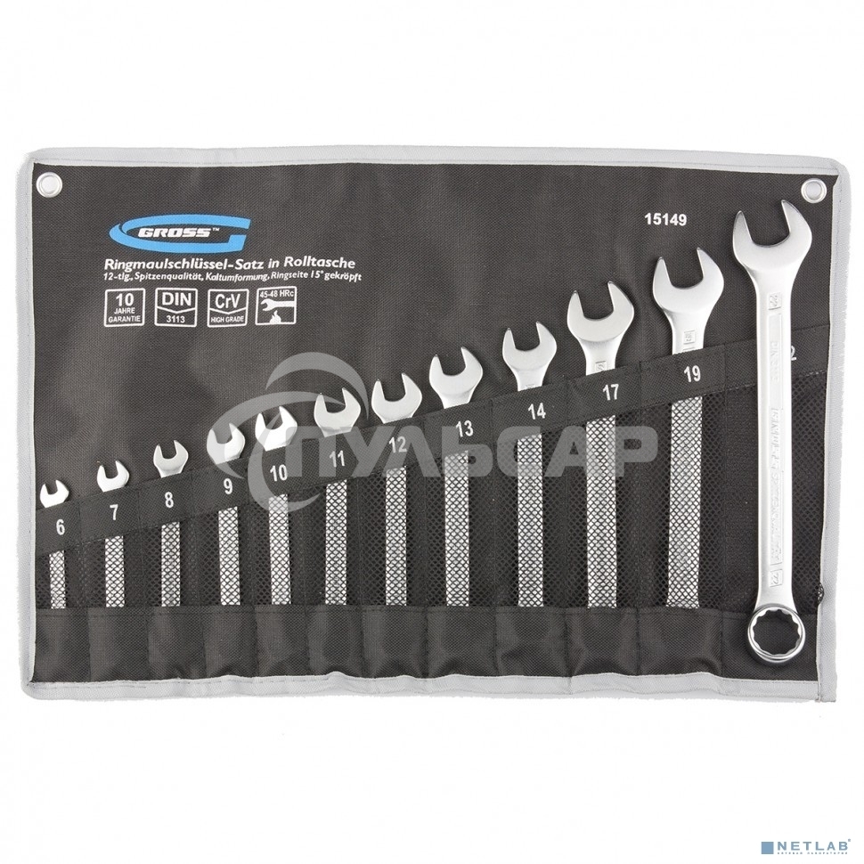 Набор комбинированных ключей GROSS 15149 (6-22мм) 12 шт CrV холодный штамп