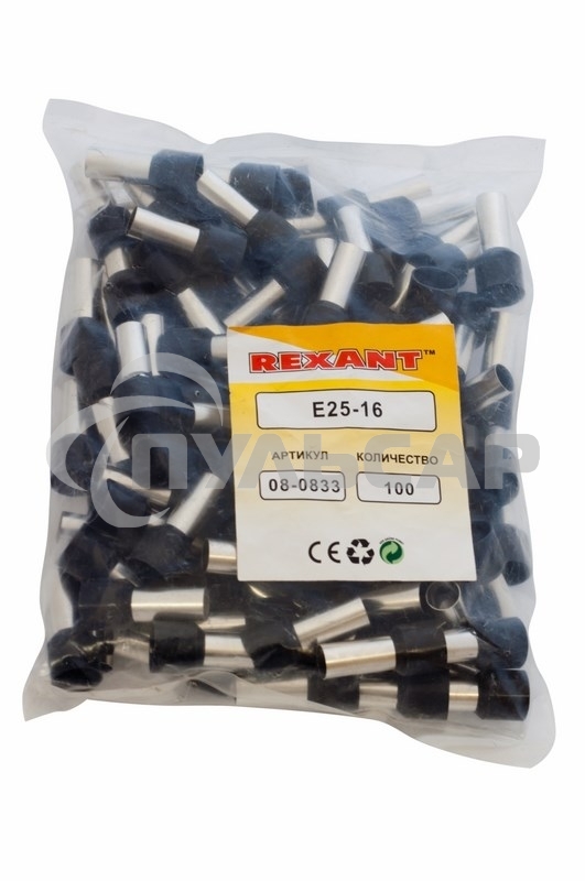 Наконечник штыревой втулочный изолированный F-16 мм 25 мм² (НШВи 25-16) черный Rexant
