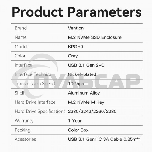 Корпус для SSD Vention USB 3.1 Gen 2-C M.2 NVMe Серый