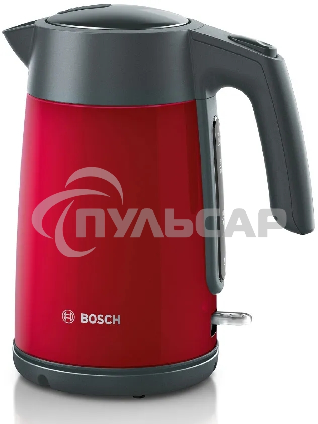 Чайник электрический Bosch TWK7L464, 1.7л, 2400 Вт., нерж.сталь, покрытая эмалью, красный,шкала уровня воды