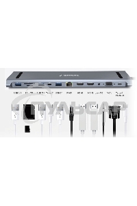 Док-станция Type-C Gembird UHB-D6, 12в1: 2xUSB3.1, USB2.0, RJ45, Type-C PD87W, Jack 3.5, SD/TF, 2xHDMI, VGA, Type-C, кабель 23см, алюминий