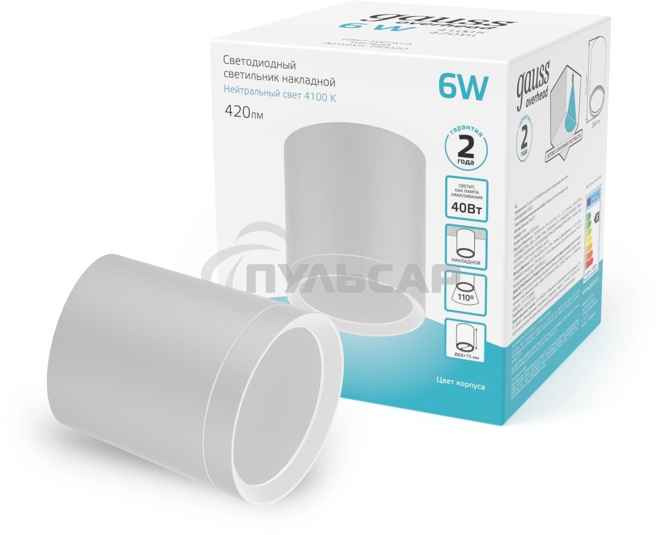 Светильник Gauss Overhead накл цил 6W 420lm 4100K 170-240V IP20 68*75мм белый с расс LED