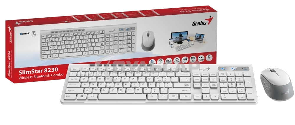 Комплект беспроводной Genius Smart KM-8230 белый, клавиатура+мышь, USB, 1 мини-ресивер на оба устройства. Клавиатура: 104 клавиши кнопка SmartGenius, клавиши т
