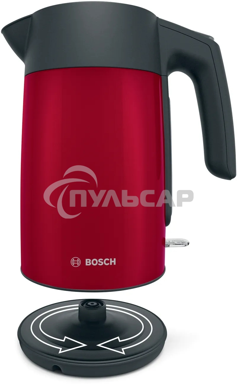 Чайник электрический Bosch TWK7L464, 1.7л, 2400 Вт., нерж.сталь, покрытая эмалью, красный,шкала уровня воды
