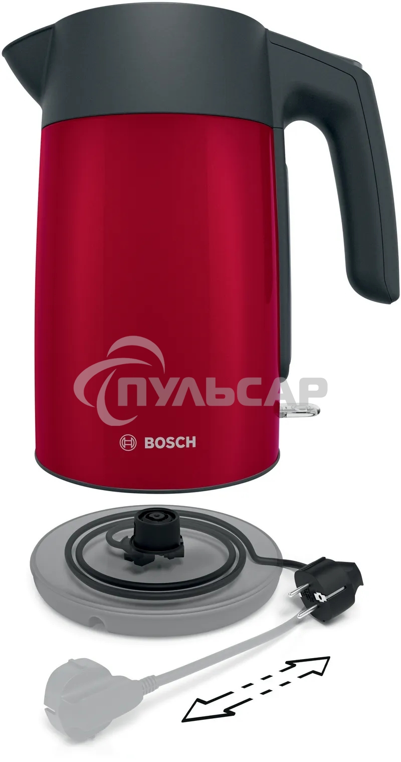 Чайник электрический Bosch TWK7L464, 1.7л, 2400 Вт., нерж.сталь, покрытая эмалью, красный,шкала уровня воды