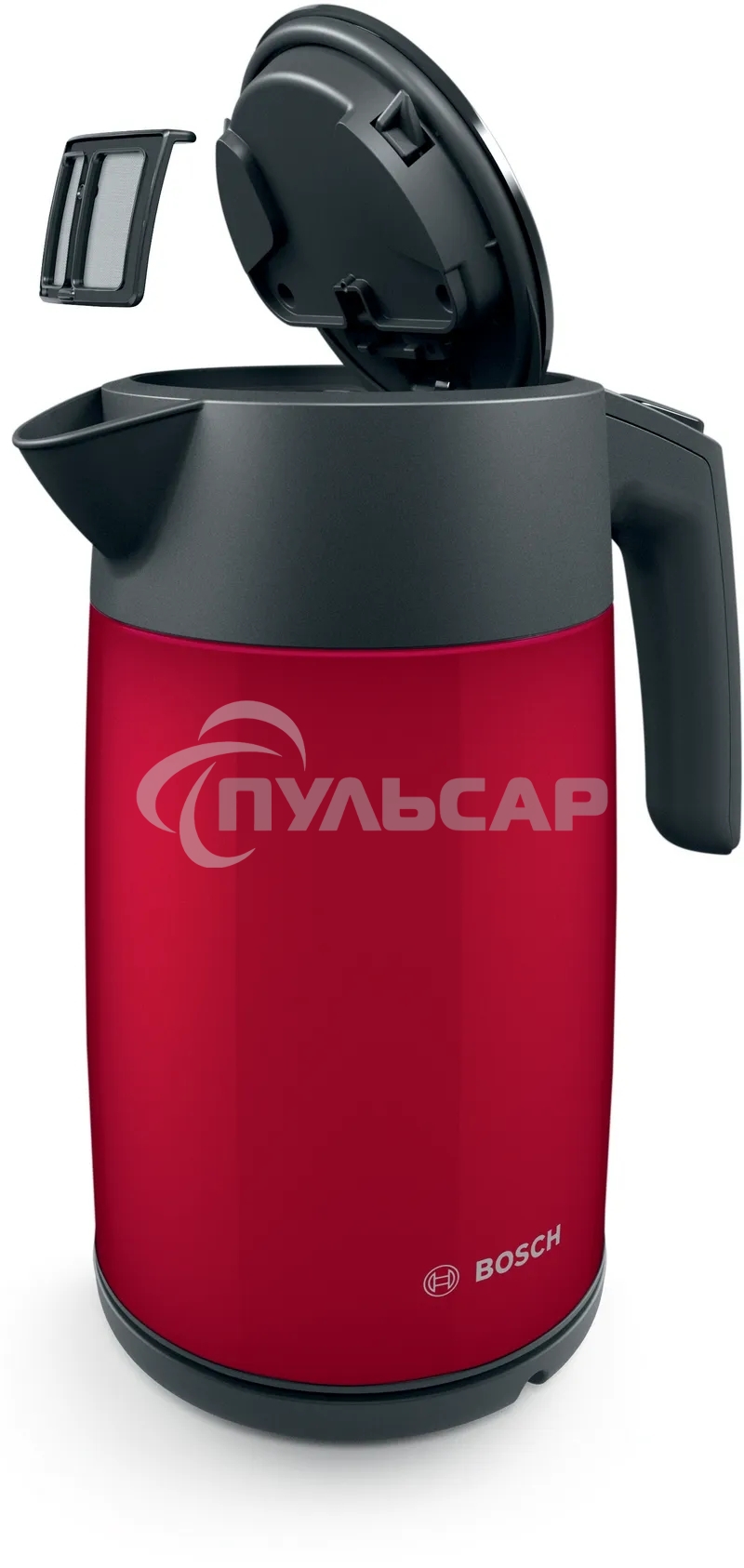 Чайник электрический Bosch TWK7L464, 1.7л, 2400 Вт., нерж.сталь, покрытая эмалью, красный,шкала уровня воды