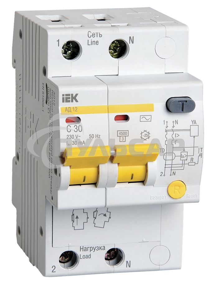 Выключатель автоматический дифференциального тока 2п C 32А 30мА тип AC 4.5кА АД-12 ИЭК MAD10-2-032-C-030