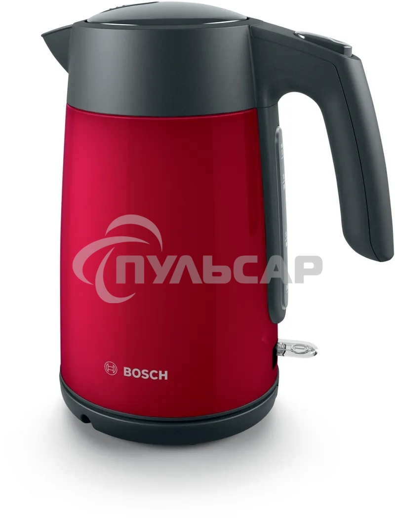 Чайник электрический Bosch TWK7L464, 1.7л, 2400 Вт., нерж.сталь, покрытая эмалью, красный,шкала уровня воды
