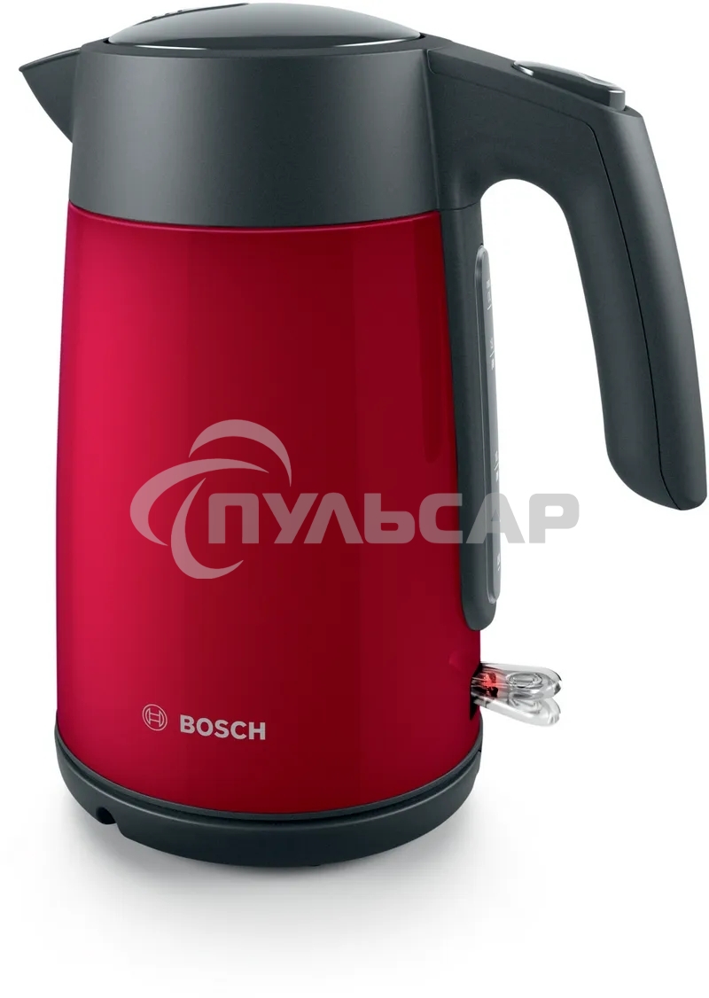 Чайник электрический Bosch TWK7L464, 1.7л, 2400 Вт., нерж.сталь, покрытая эмалью, красный,шкала уровня воды