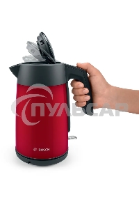 Чайник электрический Bosch TWK7L464, 1.7л, 2400 Вт., нерж.сталь, покрытая эмалью, красный,шкала уровня воды