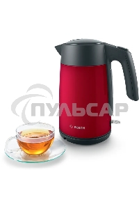 Чайник электрический Bosch TWK7L464, 1.7л, 2400 Вт., нерж.сталь, покрытая эмалью, красный,шкала уровня воды