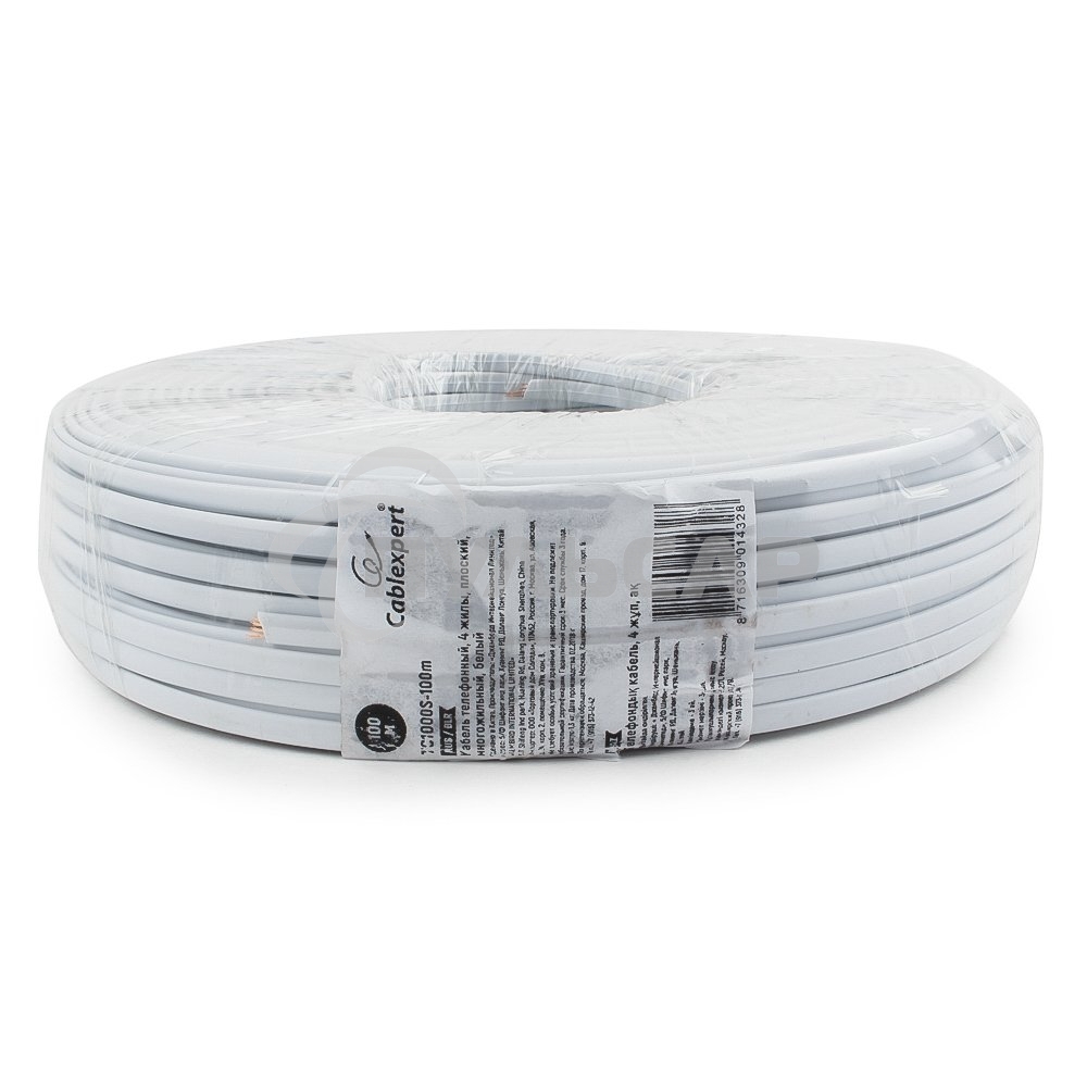 Кабель телефонный TC1000S-100m 4 жилы (4х6x0.1мм) плоский многожильный 100 м, белый
