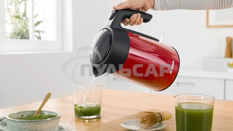 Чайник электрический Bosch TWK7L464, 1.7л, 2400 Вт., нерж.сталь, покрытая эмалью, красный,шкала уровня воды