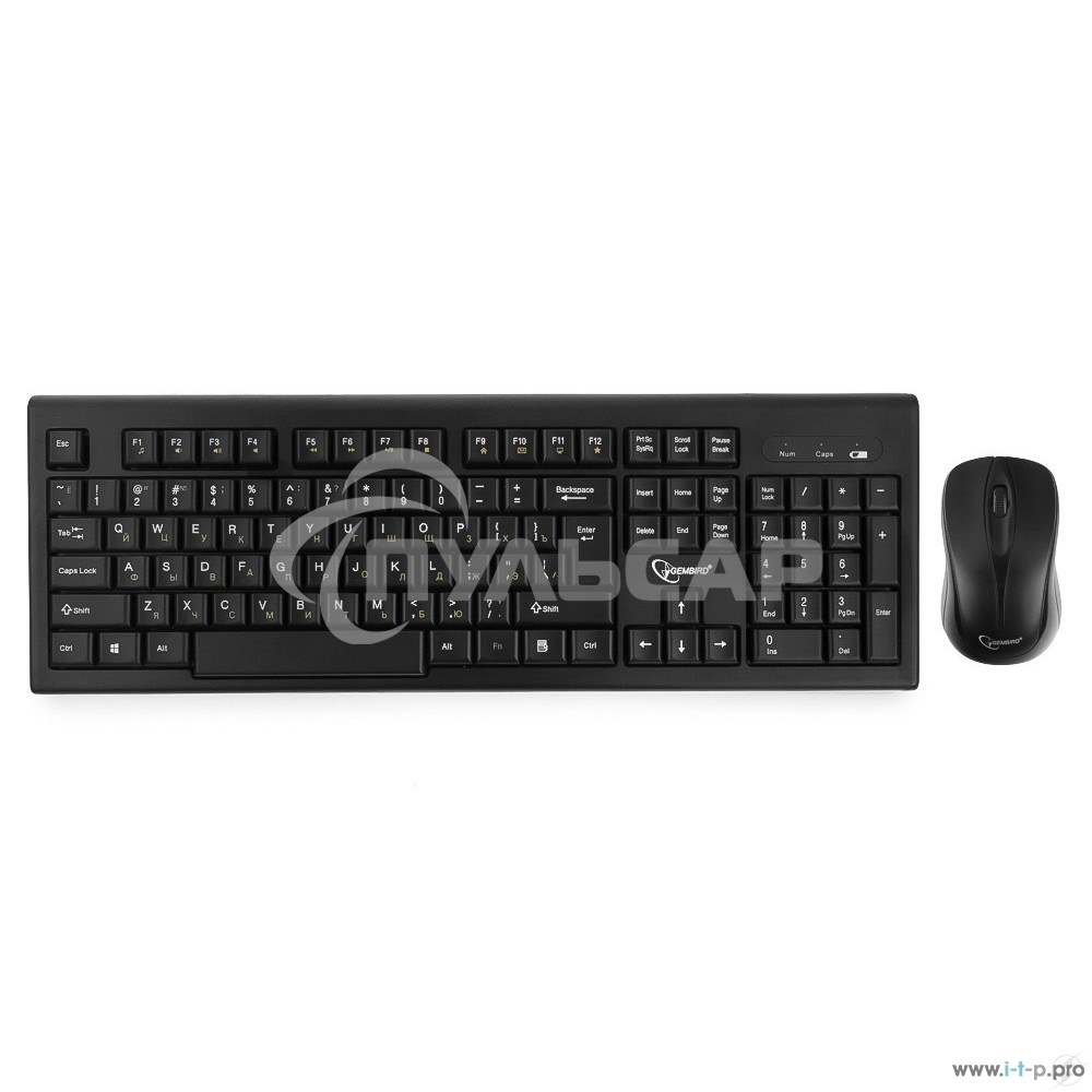 Комплект клавиатура+мышь беспроводные Gembird KBS-8002, 2.4ГГц, черный, 104 клавиши+2 кнопки+колесо кнопка, 1000DPI, батарейки в комплекте