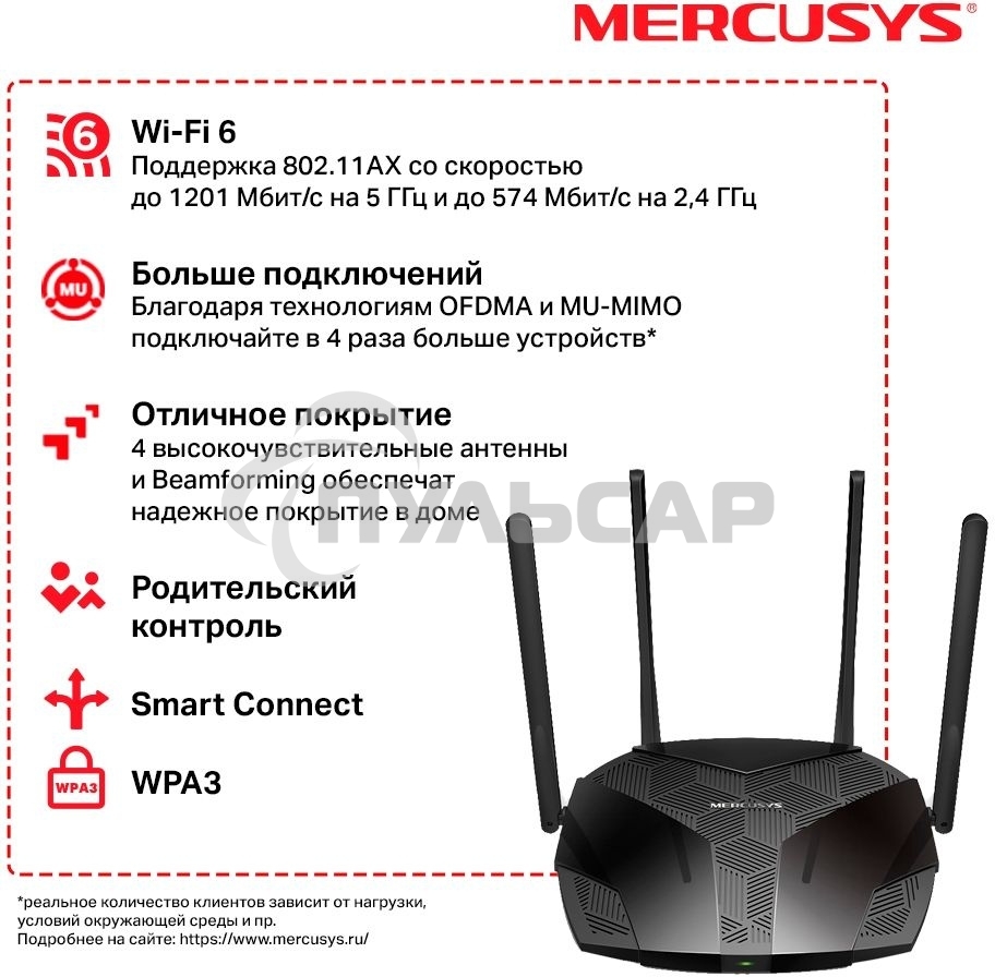 Роутер Mercusys MR70X AX1800 Dual-Band WiFi 6 Router, 574 Mbps at 2.4 GHz + 1201 Mbps at 5 GHz,4× Fixed External Antennas, 3× Gigabit LAN Ports, 1× Gigabit WAN Port, 1024-QAM, OFDMA, Router/Access Point Mode, MU-MIMO, WPA3, TWT, BSS Color