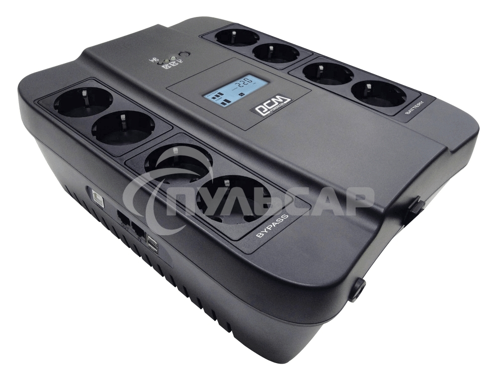 Источник бесперебойного питания Powercom Back-UPS SPIDER, Line-Interactive, LCD, AVR, 1100VA/605W, Schuko, USB, черный (1452054)