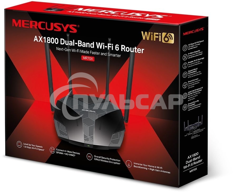 Роутер Mercusys MR70X AX1800 Dual-Band WiFi 6 Router, 574 Mbps at 2.4 GHz + 1201 Mbps at 5 GHz,4× Fixed External Antennas, 3× Gigabit LAN Ports, 1× Gigabit WAN Port, 1024-QAM, OFDMA, Router/Access Point Mode, MU-MIMO, WPA3, TWT, BSS Color