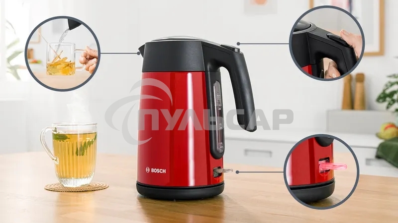 Чайник электрический Bosch TWK7L464, 1.7л, 2400 Вт., нерж.сталь, покрытая эмалью, красный,шкала уровня воды