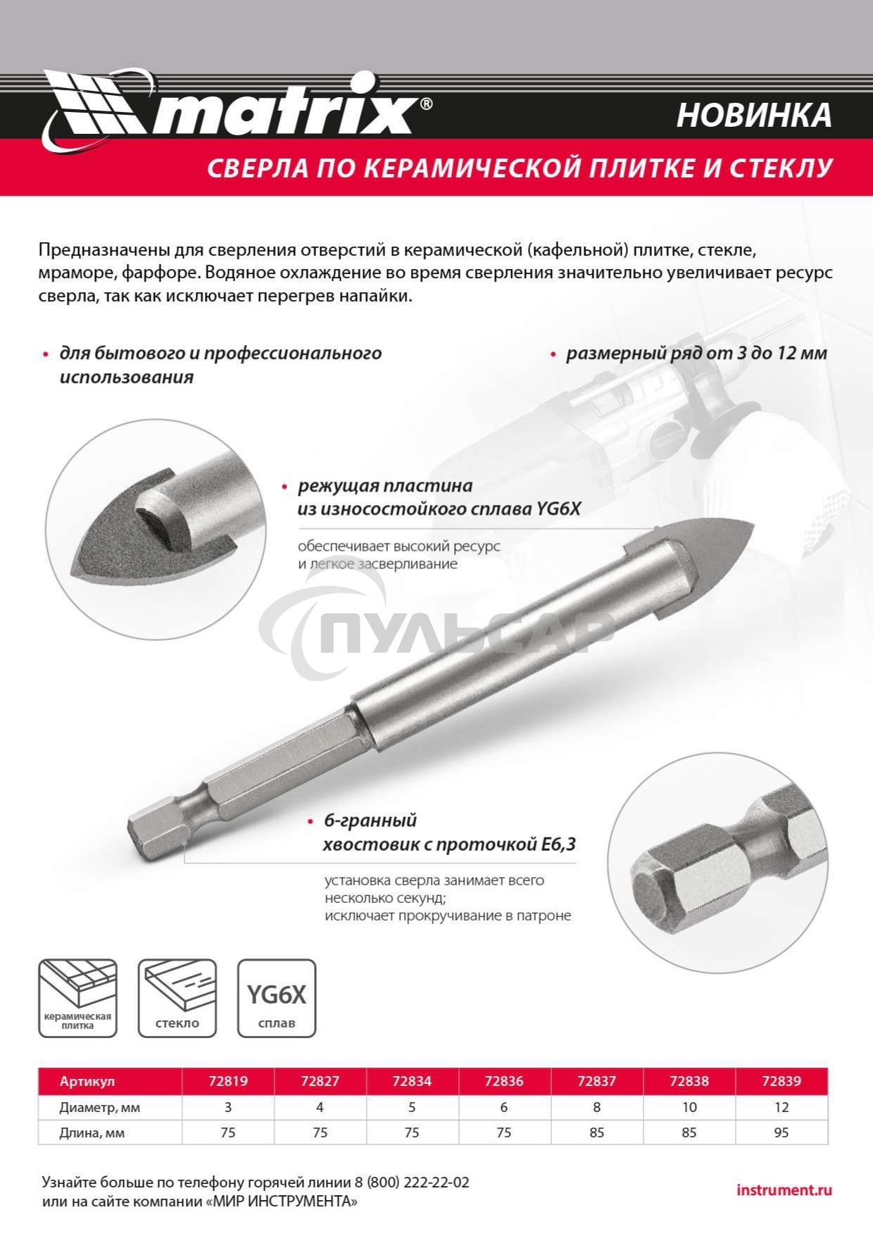 Сверло по керамической плитке и стеклу Matrix, 6 мм, 6-гр хвостовик